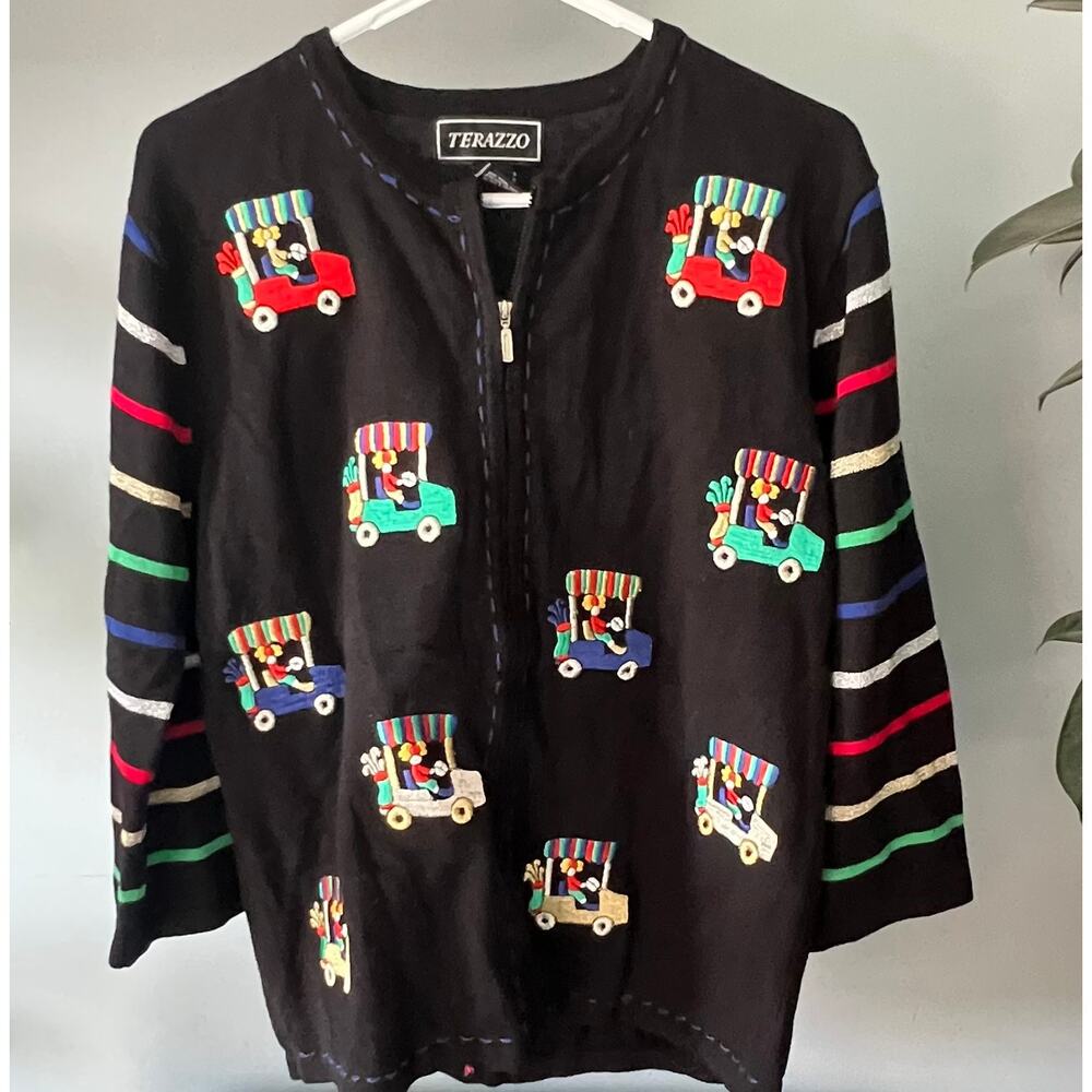 Vintage golf sweater, embroidered golf carts, all over pattern Terazzo Med